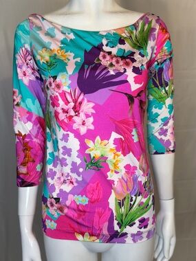Blumarine Pink Turquoise Floral Boatneck Top